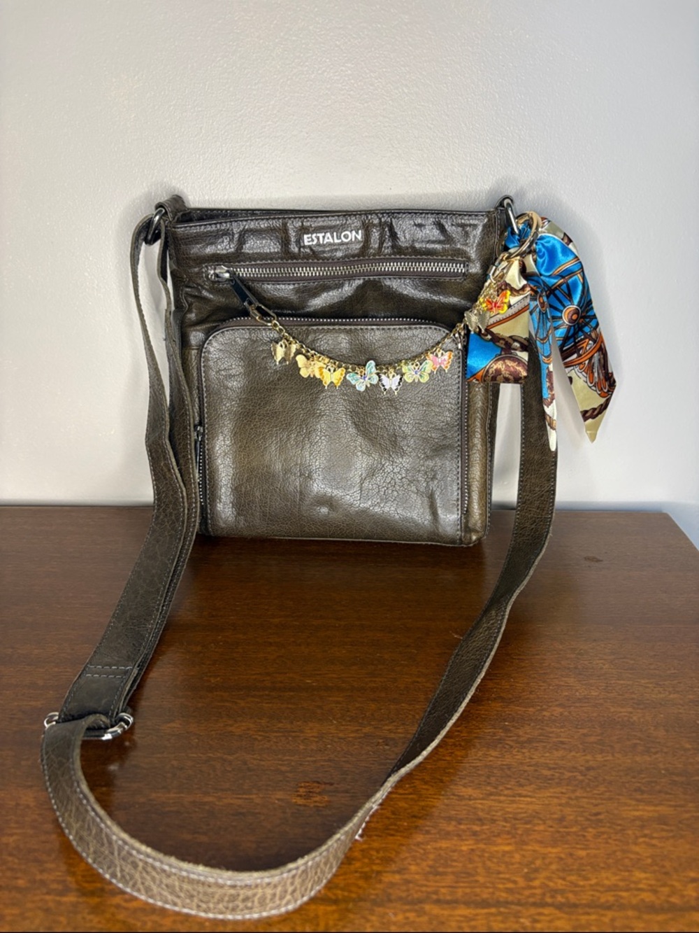 Estalon Olive Crossbody Bag with Scarf Accent